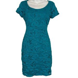 TIANA B Lace Teal Blue Stretch Short Sleeve Floral Sheath Above Knee Dress Small